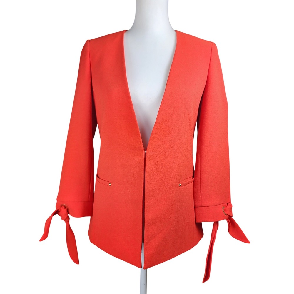 Tahari ASL Jacket Blazer Womens 2 Orange Tie Sleeve Career Business Casual Work